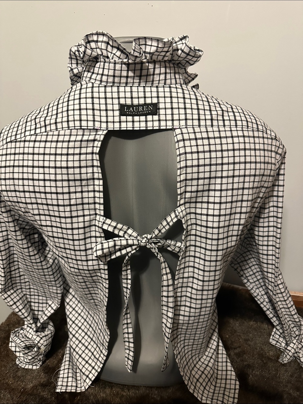 Lauren Ralph Lauren Black & White Plaid Open Back, Ruffle-Collar Button Down